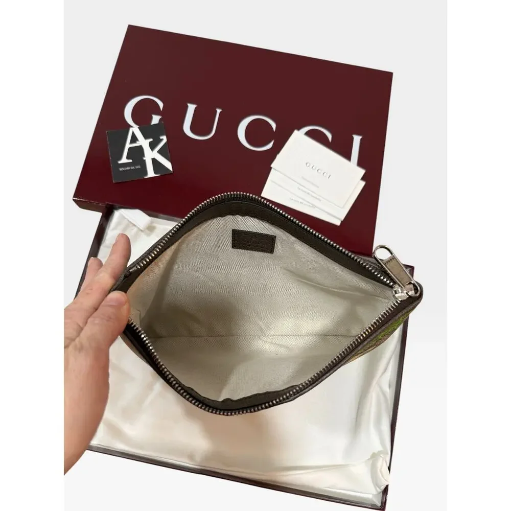 Gucci GG Monogram Camouflage Pouch Green Yellow Brown Double G Clutch NIB